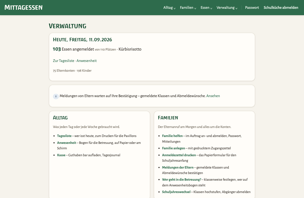 Oberer Teil der Startseite mit der Tageszahl und den Bereichen Alltag und Familien