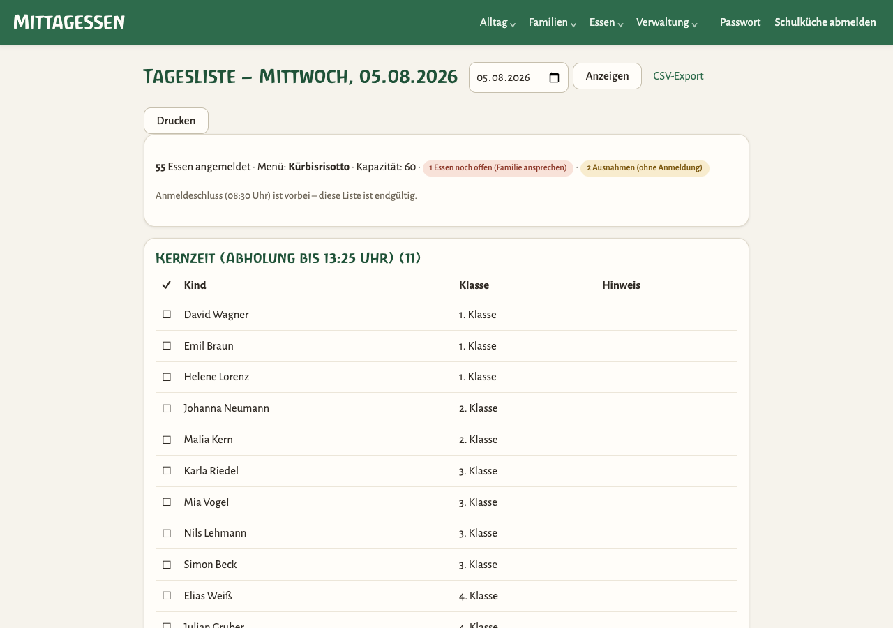 Tagesliste mit Kopfzeile, Warnungen und der Gruppe Kernzeit