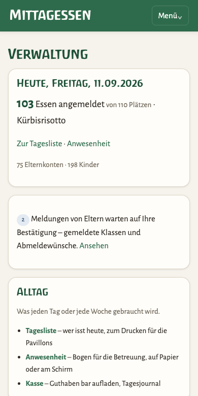 Startseite der Schulküche auf einem Telefon, Menü zugeklappt