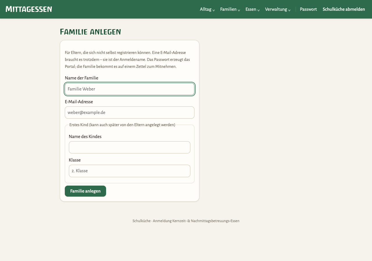 Formular Familie anlegen mit Feldern für Familie und erstes Kind