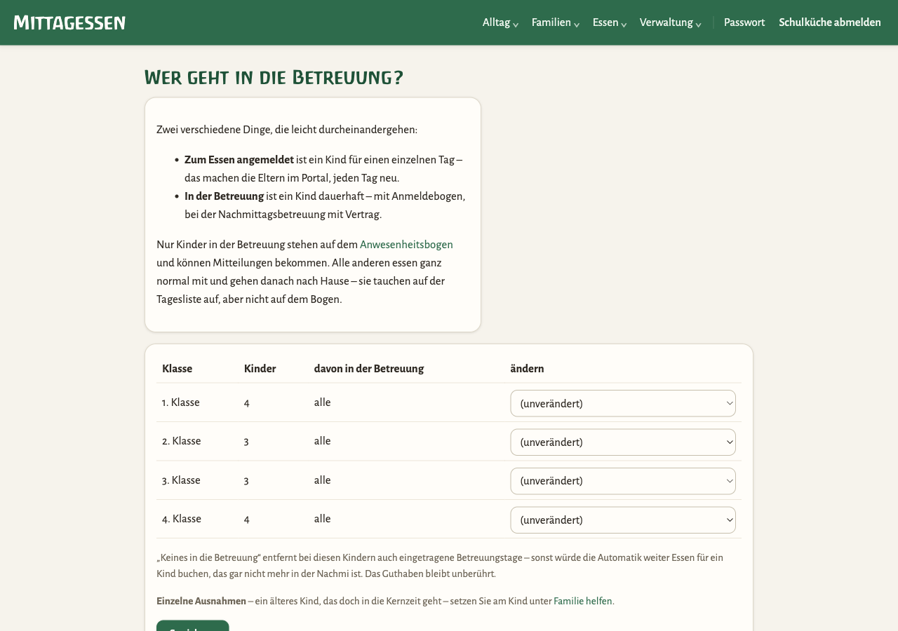 Klassenweise festlegen, welche Kinder in die Betreuung gehen