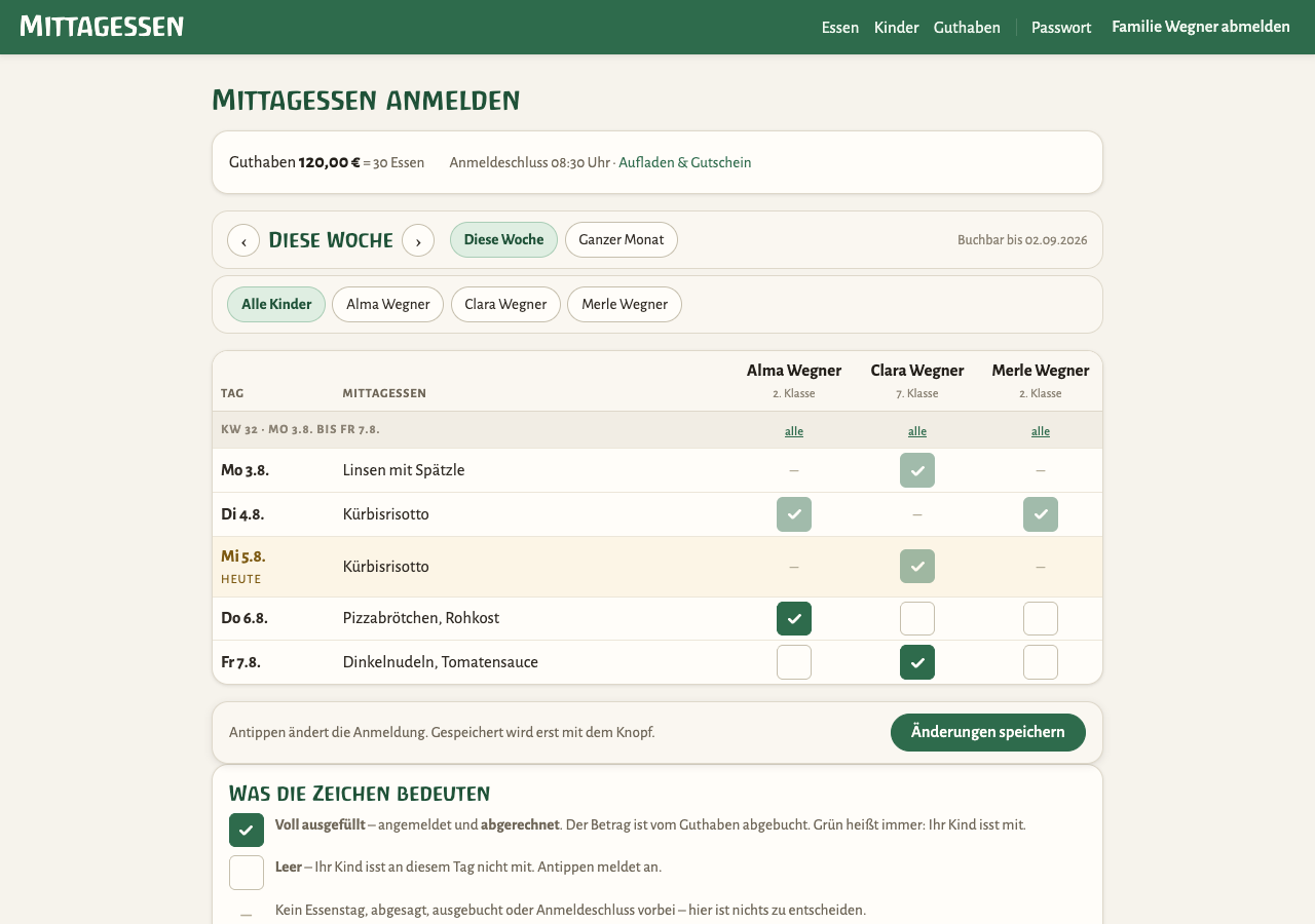 Dieselbe Tabelle in der Wochenansicht