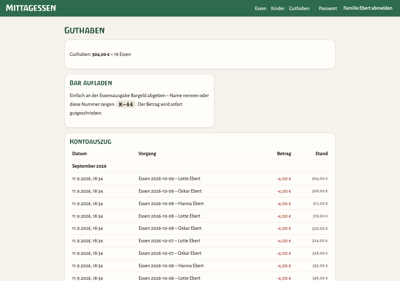 Guthabenseite mit Kassennummer und Kontoauszug