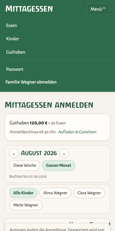 Aufgeklapptes Menü mit Essen, Kinder, Guthaben, Passwort